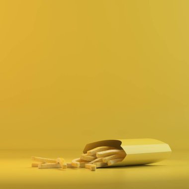 Kızarmış patates kapsayıcı işleme. 3D tasarım mockup. Tüm nesneleri ve arka plan bir parlak renkte boyanmış. Tam tek renkli resimde. Toplam sarı renk.