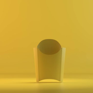 Kızarmış patates kapsayıcı işleme. 3D tasarım mockup. Tüm nesneleri ve arka plan bir parlak renkte boyanmış. Tam tek renkli resimde. Toplam sarı renk.