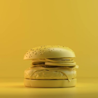 İşleme Burger. 3D tasarım mockup. Tüm nesneleri ve arka plan bir parlak renkte boyanmış. Tam tek renkli resimde. Toplam sarı renk.