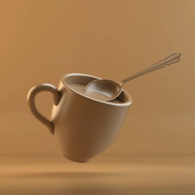 Fincan oluşturma. 3D tasarım mockup. Tüm nesneleri ve arka plan bir parlak renkte boyanmış. Tam tek renkli resimde. Toplam kahverengi renk
