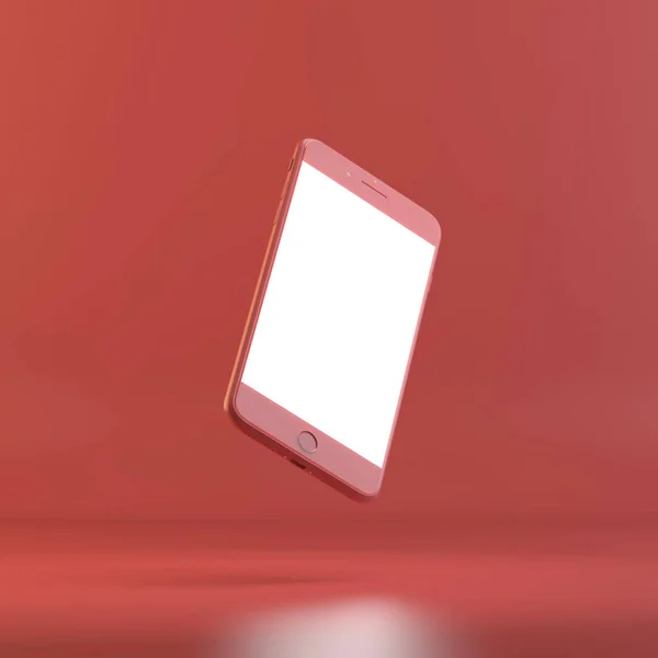 Rendering of smart phone with blank screen and shadows. 3D design mockup. All objects and background painted in one bright colour. Full monochrome illustration. Total red color.
