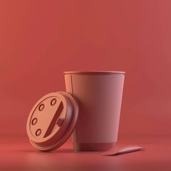 Rendering of paper coffee cup with lid and sugar stick. 3D design mockup. All objects and background painted in one bright colour. Full monochrome illustration. Total red color.