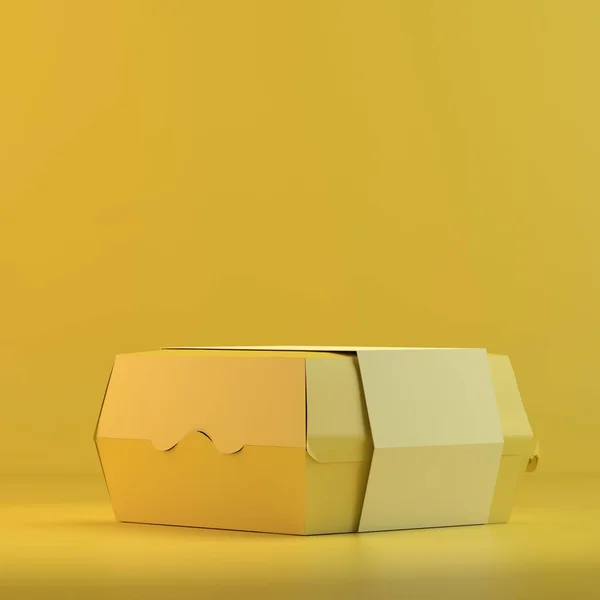 Rendering of paper container. 3D design mockup. All objects and background painted in one bright colour. Full monochrome illustration. Total yellow color.