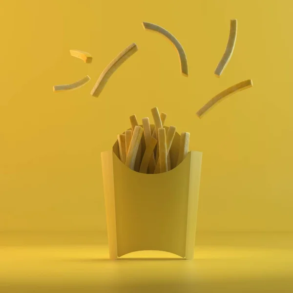 Patates kızartması ve karton konteyner uçan dilim oluşturma. 3D tasarım mockup. Tüm nesneleri ve arka plan bir parlak renkte boyanmış. Tam tek renkli resimde. Toplam sarı renk.