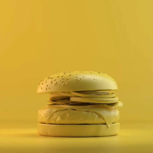 ハンバーガーのレンダリングします デザインのモックアップ すべてのオブジェクトと背景は 一色の明るい色で塗装 完全モノクロ イラスト 合計黄色 — ストック写真