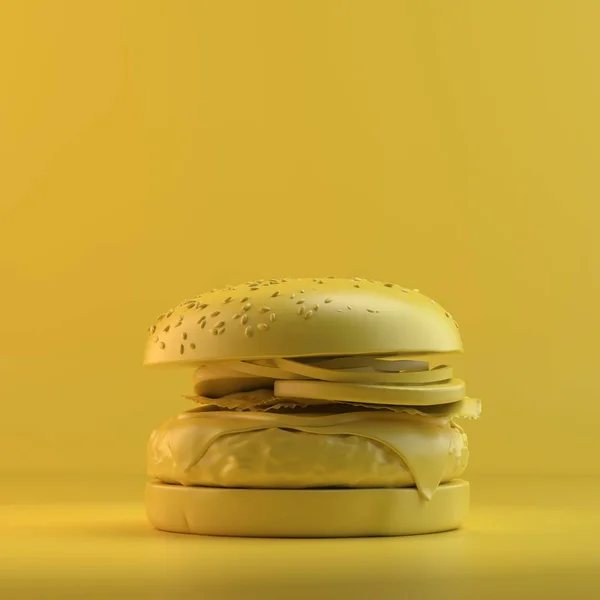 İşleme Burger. 3D tasarım mockup. Tüm nesneleri ve arka plan bir parlak renkte boyanmış. Tam tek renkli resimde. Toplam sarı renk.