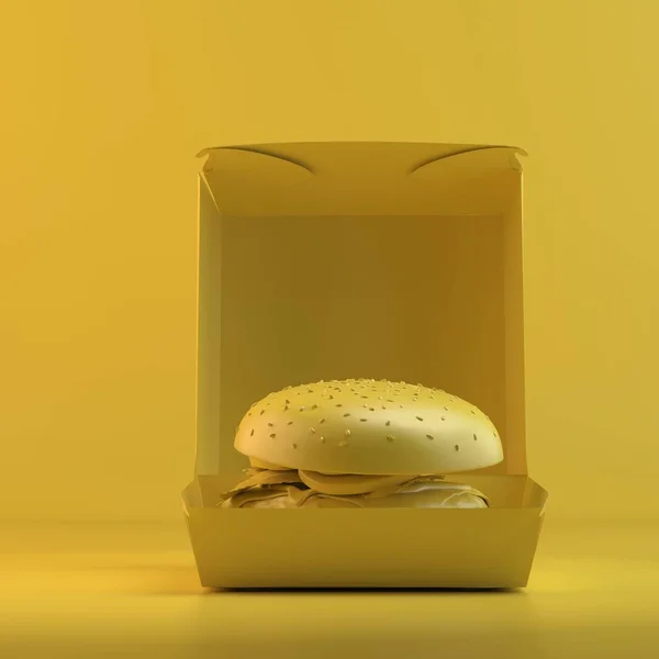 Rendering of burger in paper container. 3D design mockup. All objects and background painted in one bright colour. Full monochrome illustration. Total yellow color.