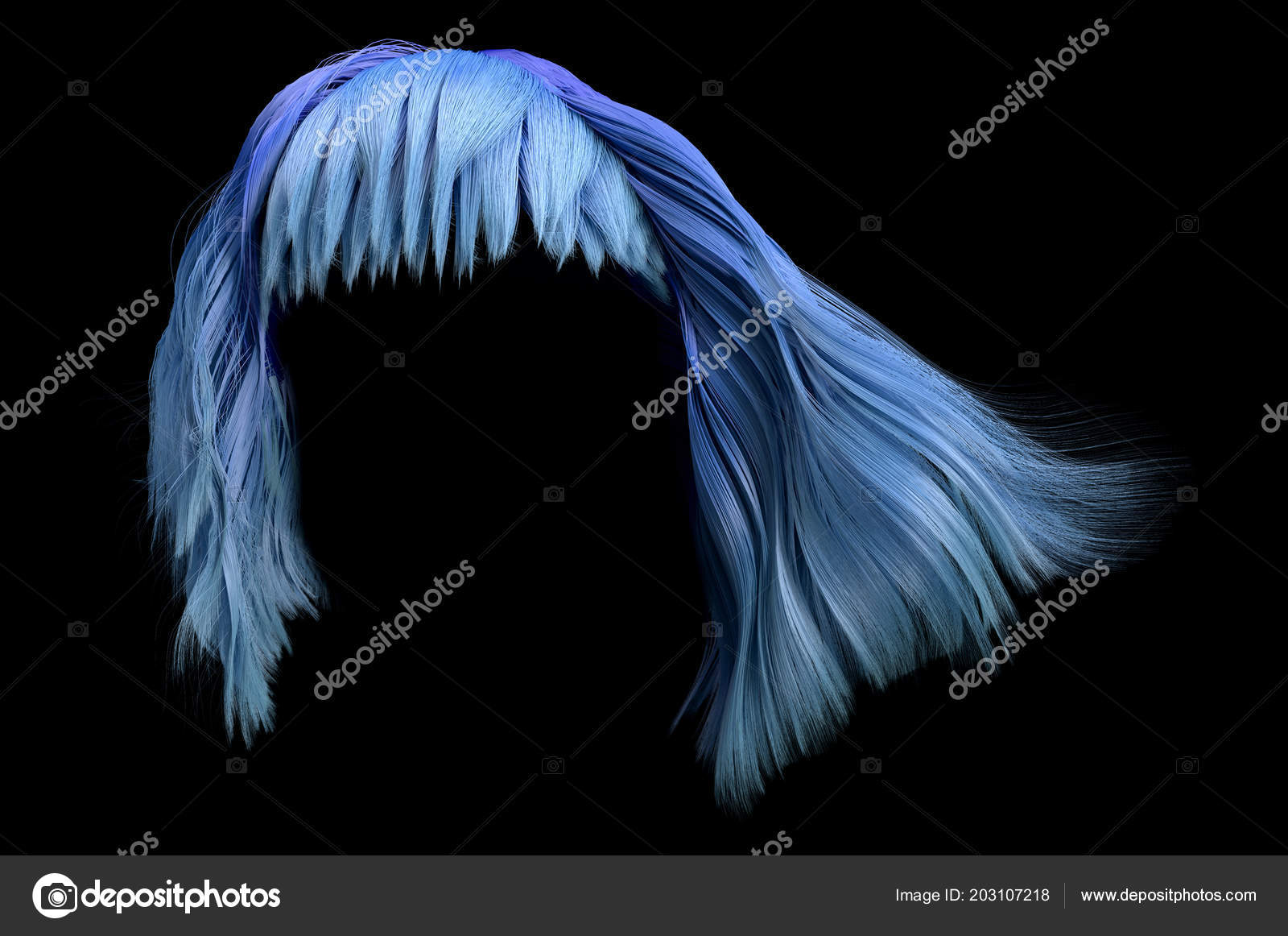 Feathered Bangs Black Hairstyle Rendering Blue Wig
