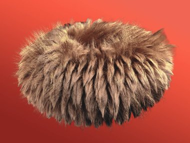 kabarık topu 3D render. Kıvırcık kırmızı saç ponpon. Kümeleri ve detaylı gölge gerçekçi parlak kürklü. Turuncu zemin üzerine izole