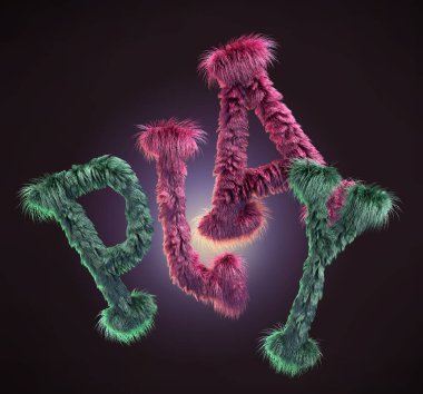 kelime oyunu komik mektup kabarık, Tüylü metin yazma 3D render. 