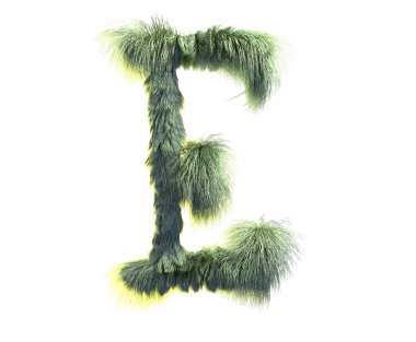 kabarık gerçekçi faux kürk karakter 3D render. Beyaz arka plan üzerinde izole tüylü yazı tipi. 3D saç. Simgesini veya büyük harf E