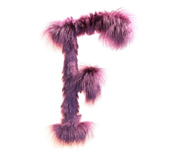kabarık gerçekçi faux kürk karakter 3D render. Beyaz arka plan üzerinde izole tüylü yazı tipi. 3D saç. Simgesini veya büyük harf F