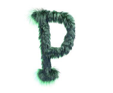 kabarık gerçekçi faux kürk karakter 3D render. Beyaz arka plan üzerinde izole tüylü yazı tipi. 3D saç. Simgesini veya büyük harf P