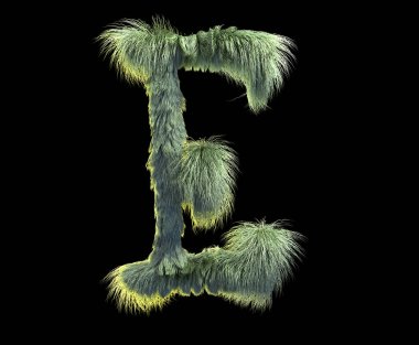 kabarık gerçekçi faux kürk karakter 3D render. Siyah arka plan üzerine izole tüylü yazı tipi. 3D saç. Simgesini veya büyük harf E 