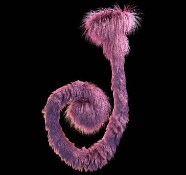 kabarık gerçekçi faux kürk karakter 3D render. Siyah arka plan üzerine izole tüylü yazı tipi. 3D saç. Simgesini veya büyük harf J 