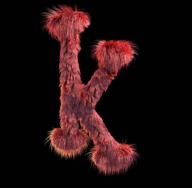 kabarık gerçekçi faux kürk karakter 3D render. Siyah arka plan üzerine izole tüylü yazı tipi. 3D saç. Simgesini veya büyük harf K