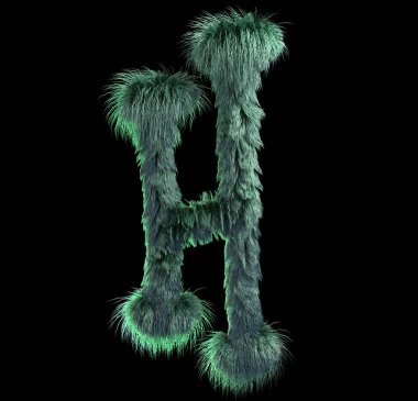 kabarık gerçekçi faux kürk karakter 3D render. Siyah arka plan üzerine izole tüylü yazı tipi. 3D saç. Simgesini veya büyük harf H
