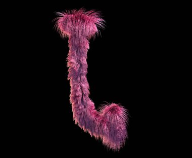 kabarık gerçekçi faux kürk karakter 3D render. Siyah arka plan üzerine izole tüylü yazı tipi. 3D saç. Simgesini veya büyük harf L