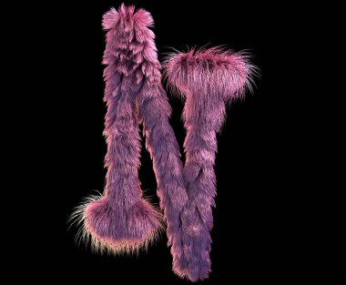 kabarık gerçekçi faux kürk karakter 3D render. Siyah arka plan üzerine izole tüylü yazı tipi. 3D saç. Simgesini veya büyük harf N