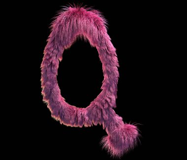 kabarık gerçekçi faux kürk karakter 3D render. Siyah arka plan üzerine izole tüylü yazı tipi. 3D saç. Simgesini veya büyük harf Q