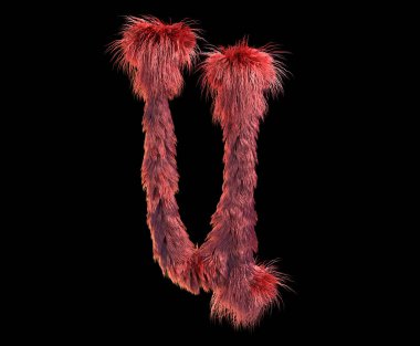 kabarık gerçekçi faux kürk karakter 3D render. Siyah arka plan üzerine izole tüylü yazı tipi. 3D saç. Simgesini veya büyük harf U 