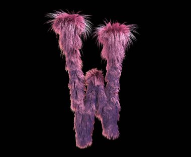 kabarık gerçekçi faux kürk karakter 3D render. Siyah arka plan üzerine izole tüylü yazı tipi. 3D saç. Simgesini veya büyük harf W