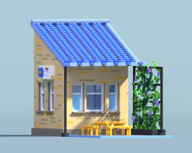 piksel sanat 3D render bina. Oyun kıymetler 8-bit sprite. Tasarım çıkartmalar, logo, mobil uygulama izometrik blok mimarisi. Gölgeli gri arka plan üzerinde izole. Yazlık