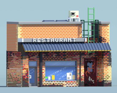 piksel sanat 3D render bina. Oyun kıymetler 8-bit sprite. Tasarım çıkartmalar, logo, mobil uygulama izometrik blok mimarisi. Gölgeli gri arka plan üzerinde izole. Restoran, küçük dükkanı