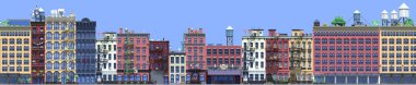 3D render düz izometrik blok binalar Infographic kavramının. Mavi arka plan üzerinde şehir sokak. Ev simgesini koleksiyonu. Bina cephe önden görünüm. Piksel sanat. New York binalar seamless modeli