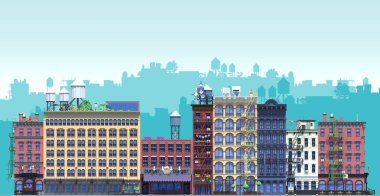 3D render düz izometrik blok binalar Infographic kavram kümesi. Arka plan siluet katmanları ile şehir sokak. Bina cephe önden görünüm. Piksel sanat. Tipik New York binalar ile yangın merdiveni
