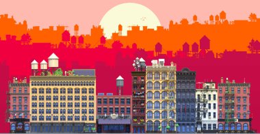 3D render düz izometrik blok binalar Infographic kavram kümesi. Arka plan siluet katmanları ile şehir sokak. Bina cephe önden görünüm. Piksel sanat. Tipik New York binalar ile yangın merdiveni