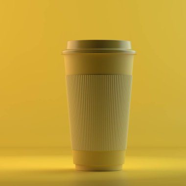 Kağıt kahve Kupası kapak ile render. 3D tasarım mockup. Tüm nesneleri ve arka plan bir parlak renkte boyanmış. Tam tek renkli resimde. Toplam sarı renk
