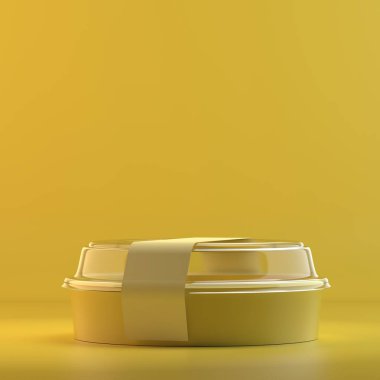 Yuvarlak Plastik gıda paketi oluşturma. 3D tasarım mockup. Tüm nesneleri ve arka plan bir parlak renkte boyanmış. Tam tek renkli resimde. Toplam sarı renk.