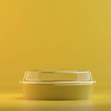 Yuvarlak Plastik gıda paketi oluşturma. 3D tasarım mockup. Tüm nesneleri ve arka plan bir parlak renkte boyanmış. Tam tek renkli resimde. Toplam sarı renk.