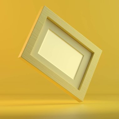 Fotoğraf çerçevesi oluşturma. 3D tasarım mockup. Tüm nesneleri ve arka plan bir parlak renkte boyanmış. Tam tek renkli resimde. Toplam sarı renk.