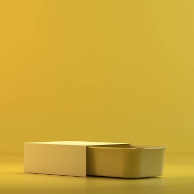 Lokanta kutusunda kapsayıcı işleme. 3D tasarım mockup. Tüm nesneleri ve arka plan bir parlak renkte boyanmış. Tam tek renkli resimde. Toplam sarı renk.