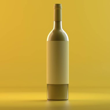 Cam şarap şişe oluşturma. 3D tasarım mockup. Tüm nesneleri ve arka plan bir parlak renkte boyanmış. Tam tek renkli resimde. Toplam sarı renk.