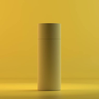 Yuvarlak tüp kutu oluşturma. 3D tasarım mockup. Tüm nesneleri ve arka plan bir parlak renkte boyanmış. Tam tek renkli resimde. Toplam sarı renk.
