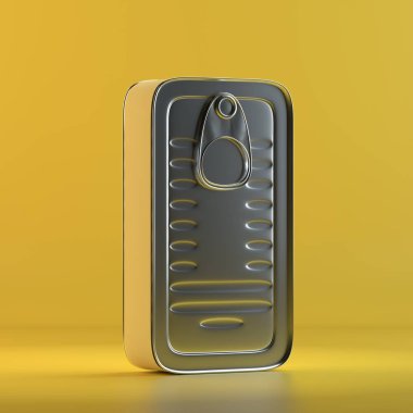 Sardalya konserve işlenmesi. 3D tasarım mockup. Tüm nesneleri ve arka plan bir parlak renkte boyanmış. Tam tek renkli resimde. Toplam sarı renk.