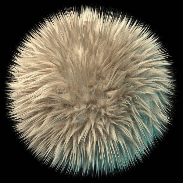 3d rendering of fluffy ball. Frizzy beige hair pompon. Realistic shiny fur with clumps and detailed shadow. Isolated on black background