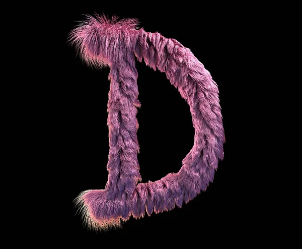 3d rendering of fluffy realistic faux fur character. Furry font isolated on black background. 3d hair. Icon or capital letter D