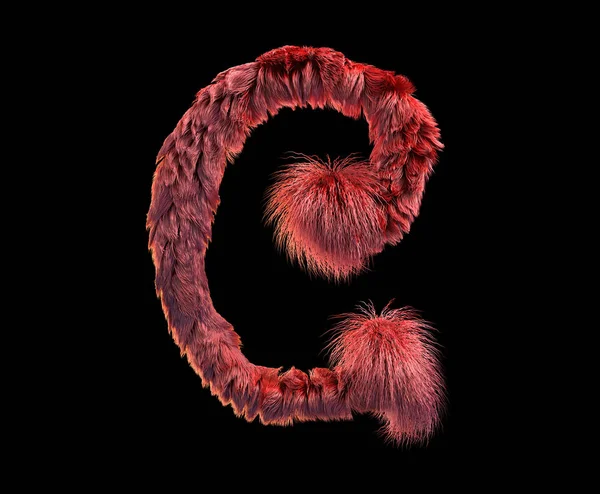 kabarık gerçekçi faux kürk karakter 3D render. Siyah arka plan üzerine izole tüylü yazı tipi. 3D saç. Simgesini veya büyük harf C