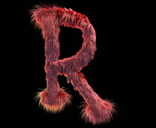 3d rendering of fluffy realistic faux fur character. Furry font isolated on black background. 3d hair. Icon or capital letter R