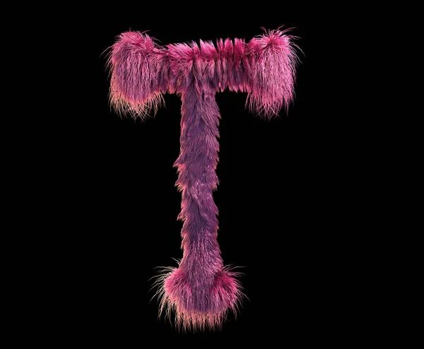 3d rendering of fluffy realistic faux fur character. Furry font isolated on black background. 3d hair. Icon or capital letter T