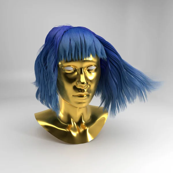 3d rendering of gold head mannequin with wig isolated on white background. Abstract avatar with blue hair. Portrait beautiful cyber girl.  Artificial intelligence bot in virtual reality. Robot closeup