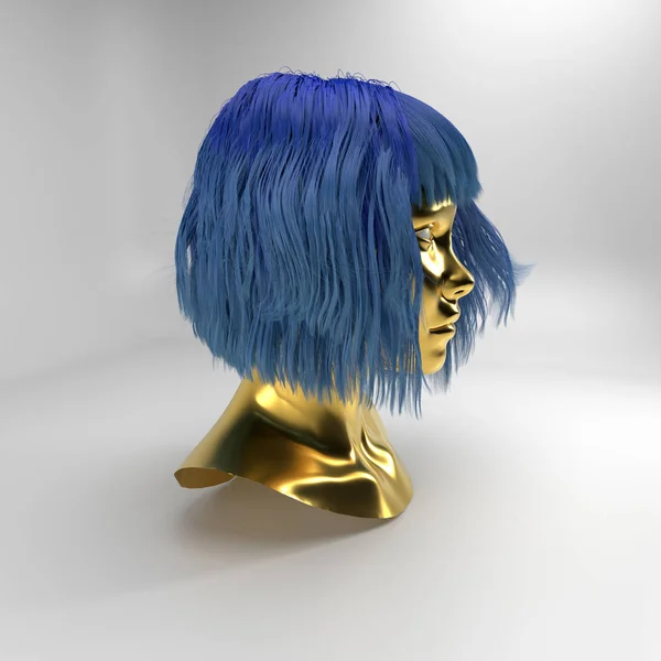 3d rendering of gold head mannequin with wig isolated on white background. Abstract avatar with blue hair. Portrait beautiful cyber girl.  Artificial intelligence bot in virtual reality. Robot closeup