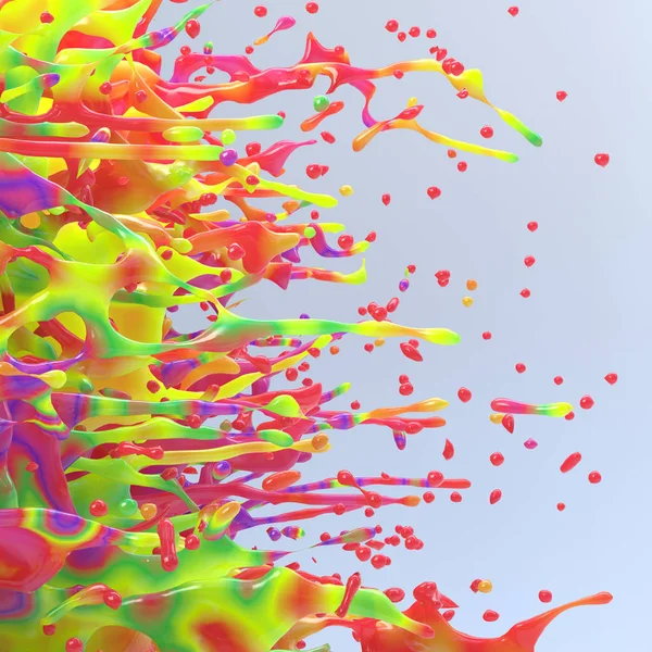 3D render renkli sıçrama. Çok renkli bir sıvı damla yaygın. Soyut boya patlama gri arka plan üzerinde. Parlak yağlı sıvı gökkuşağı lekeleri ile. Karışık farklı pigmentler