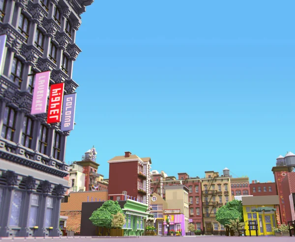 3d rendering of cartoon stylized town. Pixel art city. Typical New York historic district with old red brick buildings and small shops. Urban area. Perspective view from the ground level
