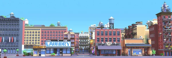 3d rendering of cartoon stylized town. Pixel art city. Typical New York historic district with old red brick buildings and small shops. Urban area. Front perspective view of the street facades.