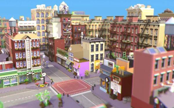 3d rendering of cartoon stylized town. Pixel art city. Typical New York historic district with old red brick buildings and small shops. Urban area.  Street perspective  bird\'s eye view